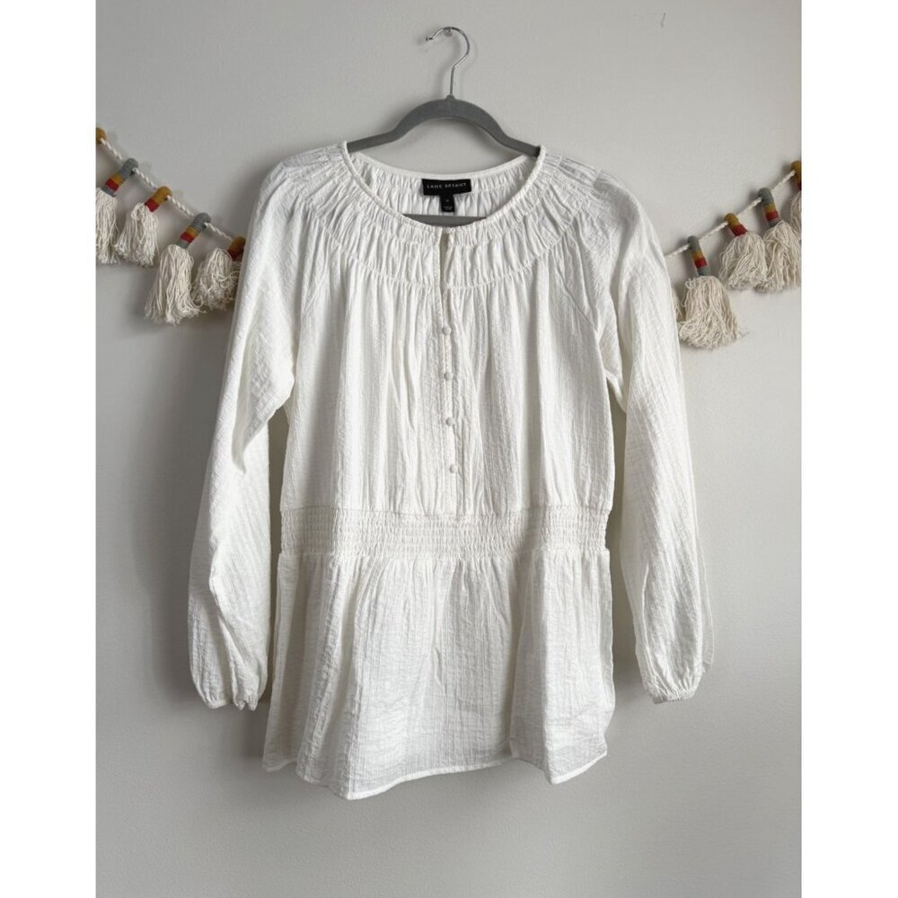 Lane Bryant Ivory Smocked Gauze Button Front Top Coastal Basics Minimalist 14